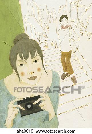 Stock Illustration - Woman taking photograph with man standing behind. Fotosearch