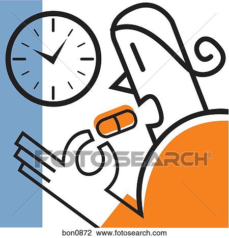 Drawing - Woman taking pill on time. Fotosearch