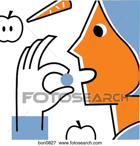 Stock Illustration - Woman taking vitamin supplement. Fotosearch