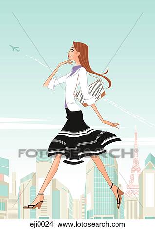 Stock Illustration - Woman walking across parisan skyline. Fotosearch