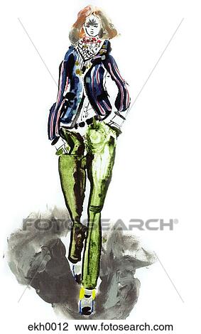 Drawing - Woman walking fashion runway. Fotosearch