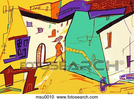 Clipart - Woman walking in urban street. Fotosearch