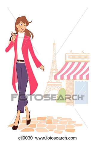Clipart - Woman walking the streets of paris. Fotosearch