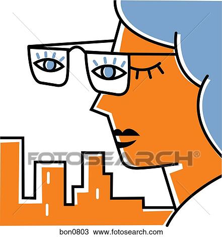 Woman wearing spectacles with eyes on them View Large Illustration Drawing - Woman wearing spectacles with eyes on them. Fotosearch