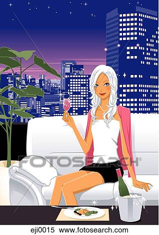 Stock Illustration - Woman with glass of champagne. Fotosearch