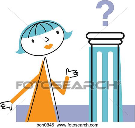Stock Illustration - Woman with question mark on pedestal. Fotosearch