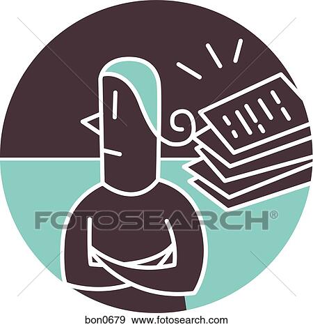 Stock Illustration - Woman with stack of paperwork behind. Fotosearch