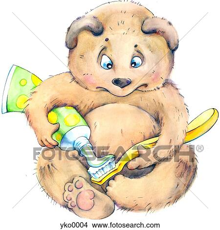 Stock Illustration - Young bear putting toothpaste on toothbrush. Fotosearch