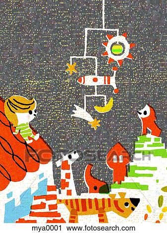 Clip Art - Young boy with toy animals and space mobile. Fotosearch