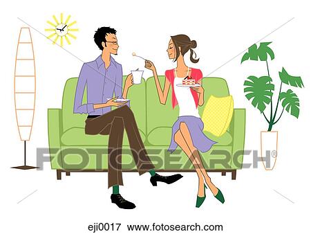 Stock Illustration - Young couple in living room sharing cake and coffee. Fotosearch