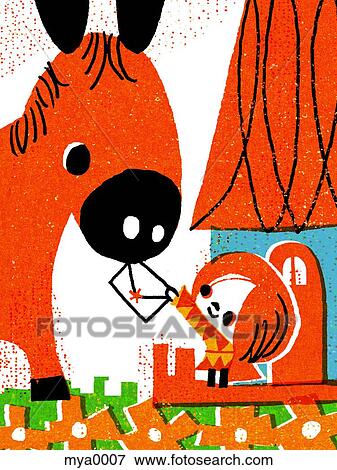 Stock Illustration - Young girl giving an envelope to donkey. Fotosearch