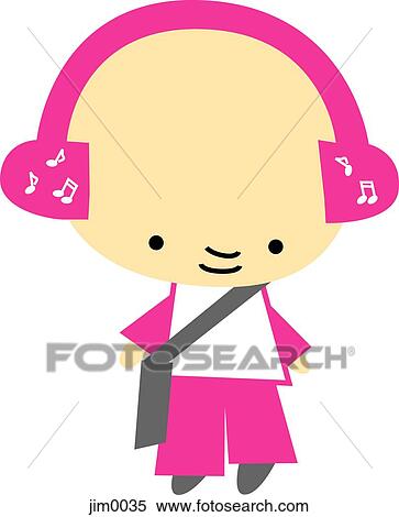 Stock Illustration - Young girl listening to music on headphones. Fotosearch