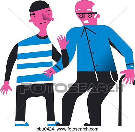 Stock Illustration - Young man helping older man walk. Fotosearch