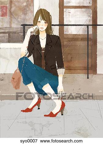 Stock Illustration - Young woman adjusting her shoe. Fotosearch
