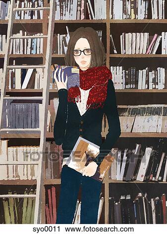 Clip Art - Young woman holding book by bookshelf. Fotosearch