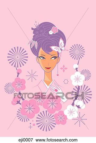 Stock Illustration - Young woman in kimono with flowers. Fotosearch