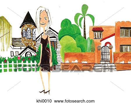 Young woman outside residential home View Large Illustration Clipart - Young woman outside residential home. Fotosearch