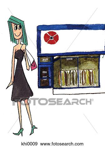 Stock Illustration - Young woman outside store. Fotosearch