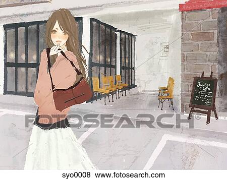 Stock Illustration - Young woman passing by café. Fotosearch