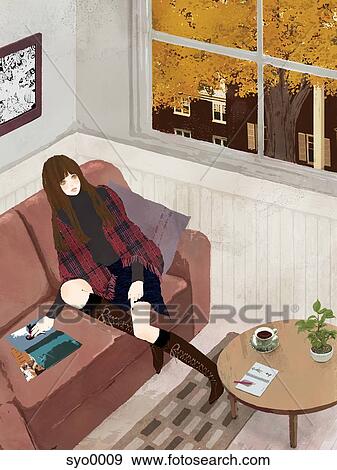 Young woman relaxing on sofa View Large Illustration Stock Illustration - Young woman relaxing on sofa. Fotosearch