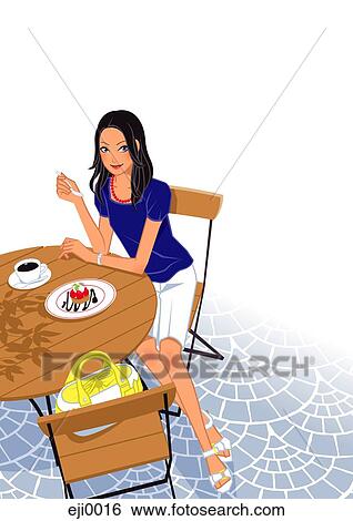 Stock Illustration - Young woman sitting in outdoor café. Fotosearch