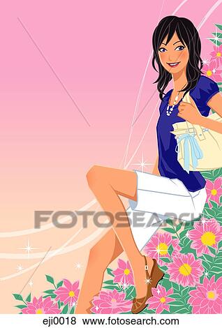 Stock Illustration - Young woman sitting on flowerbed. Fotosearch
