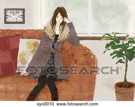 Clipart - Young woman sitting on sofa. Fotosearch
