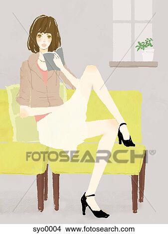 Stock Illustration - Young woman sitting on sofa, holding book. Fotosearch