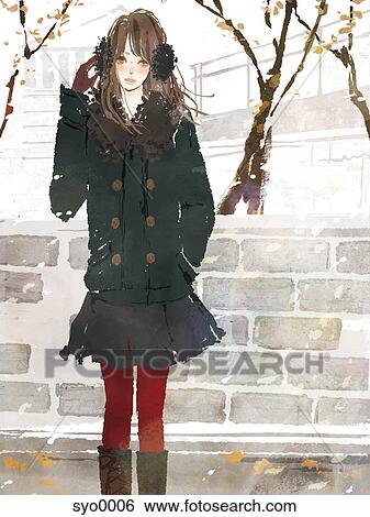 Stock Illustration - Young woman standing in snowing park. Fotosearch