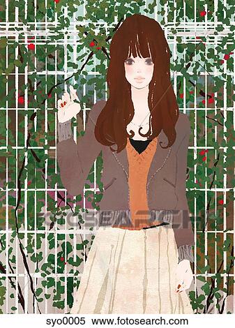 Stock Illustration - Young woman standing with fence and plant in background. Fotosearch