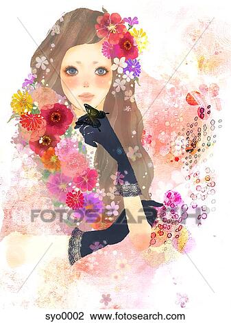 Drawing - Young woman surrounded by flowers. Fotosearch