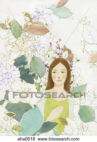 Stock Illustration - Young woman surrounded by flowers. Fotosearch
