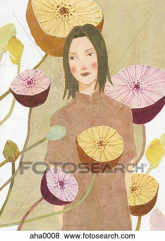 Stock Illustration - Young woman surrounded by large flowers. Fotosearch