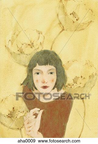 Stock Illustration - Young woman surrounded by large flowers. Fotosearch