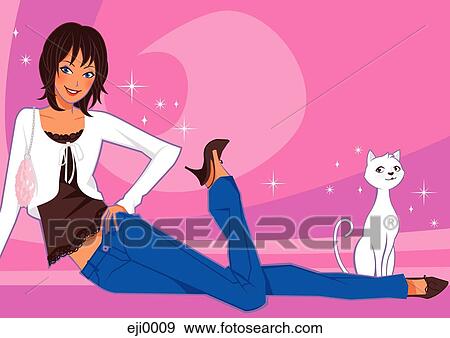 Stock Illustration - Young woman with white cat. Fotosearch