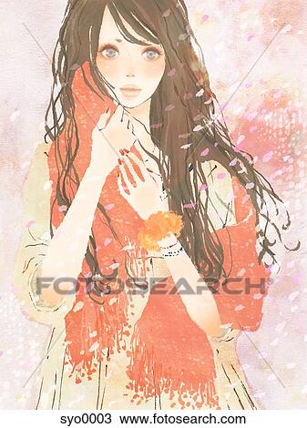 Drawing - Young woman wrapped in shawl. Fotosearch