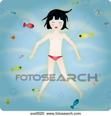 A 女の子 中に 水 囲まれた によって Fish クリップアート 切り張り イラスト 絵画 集 Sve00 Fotosearch