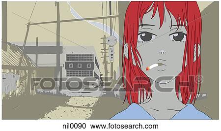 A 女 タバコを吸う クリップアート 切り張り イラスト 絵画 集