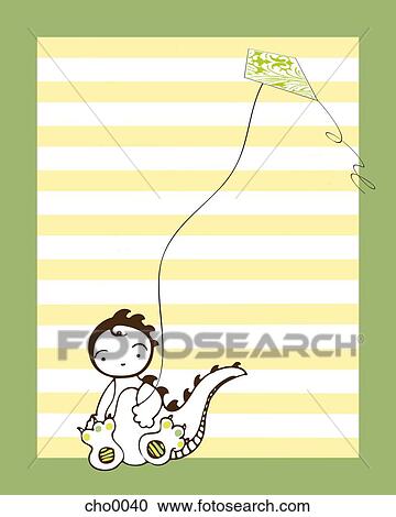 Clipart - A baby dressed as a dragon sitting down and holding a kite. Fotosearch