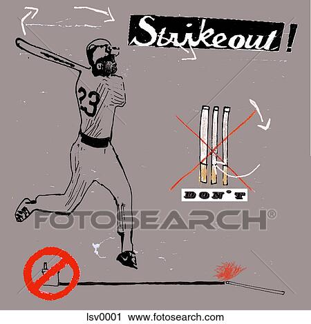 Clip Art - A baseball player swinging a bat at cigarettes. Fotosearch