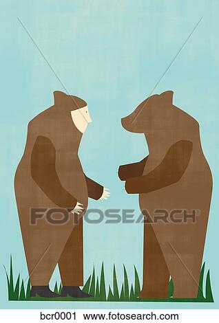 Clip Art - A bear and a man dressed as a bear looking at one another. Fotosearch