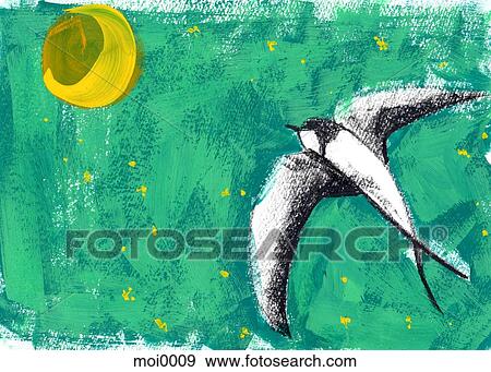 Stock Illustration - A bird flying toward the sun. Fotosearch