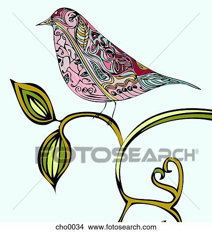 Stock Illustration - A bird with a pattern perched on a branch. Fotosearch