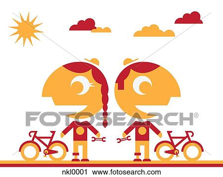 A boy and girl with their bikes and holding wrenches View Large Illustration Clip Art - A boy and girl with their bikes and holding wrenches. Fotosearch