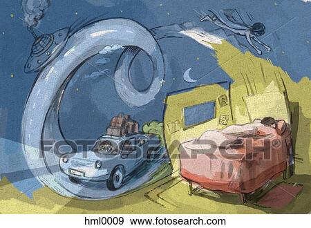 Stock Illustration - A boy dreaming about being a superhero, a ufo, and a family road trip. Fotosearch