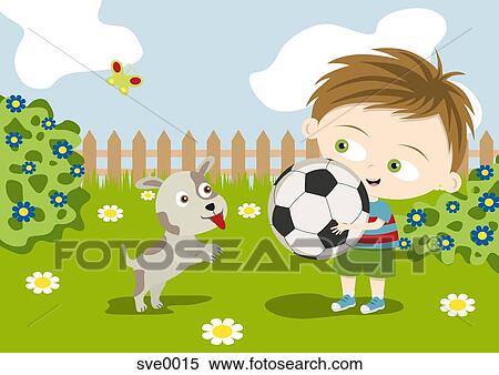 Stock Illustration - A boy holding a soccer ball with his dog nearby. Fotosearch