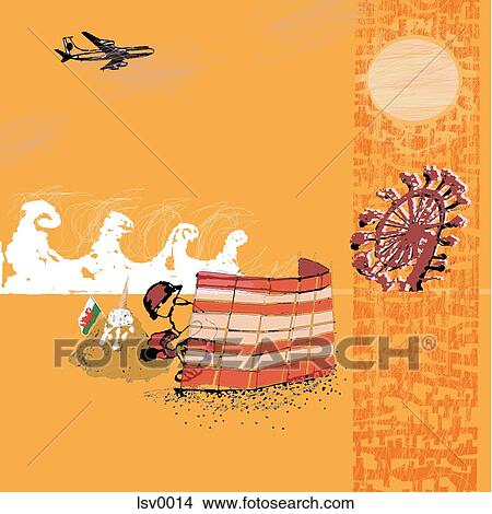 Stock Illustration - A boy making a sandcastle with a airplane overhead and a ferris wheel in the background. Fotosearch