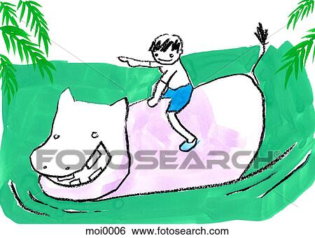 A boy on a hippopotamus View Large Illustration Stock Illustration - A boy on a hippopotamus. Fotosearch