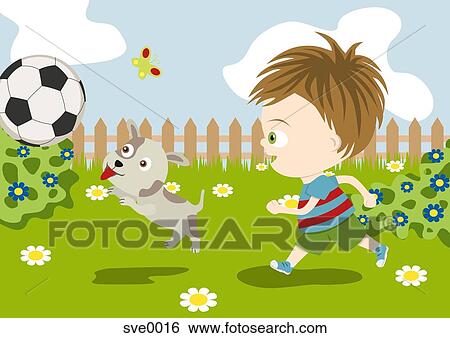 Stock Illustration - A boy playing soccer with his dog. Fotosearch