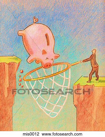 A businessman catching a piggy bank with a net View Large Illustration Drawing - A businessman catching a piggy bank with a net. Fotosearch